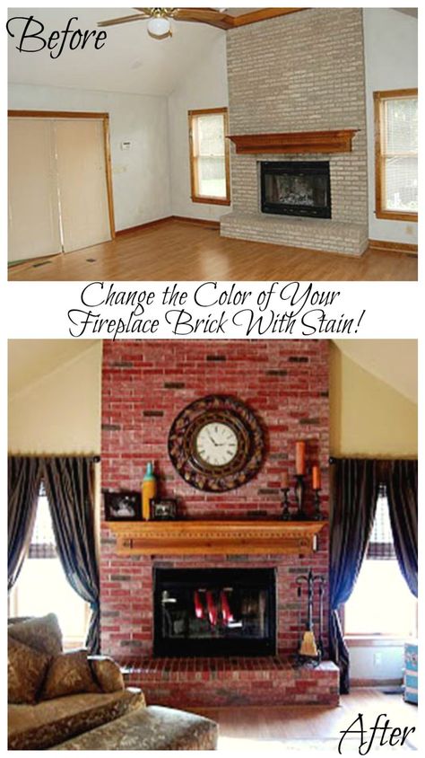 Change the color of your fireplace brick with stain! It can completely change the look of your fireplace and room. Featured on Remodelaholic.com #fireplace #stainedbrick Stained Brick Fireplace, Update Brick Fireplace, Stained Brick, Fireplace Brick, Red Brick Fireplaces, Interior Brick, Fireplace Update, Paint Fireplace, Fireplace Makeover