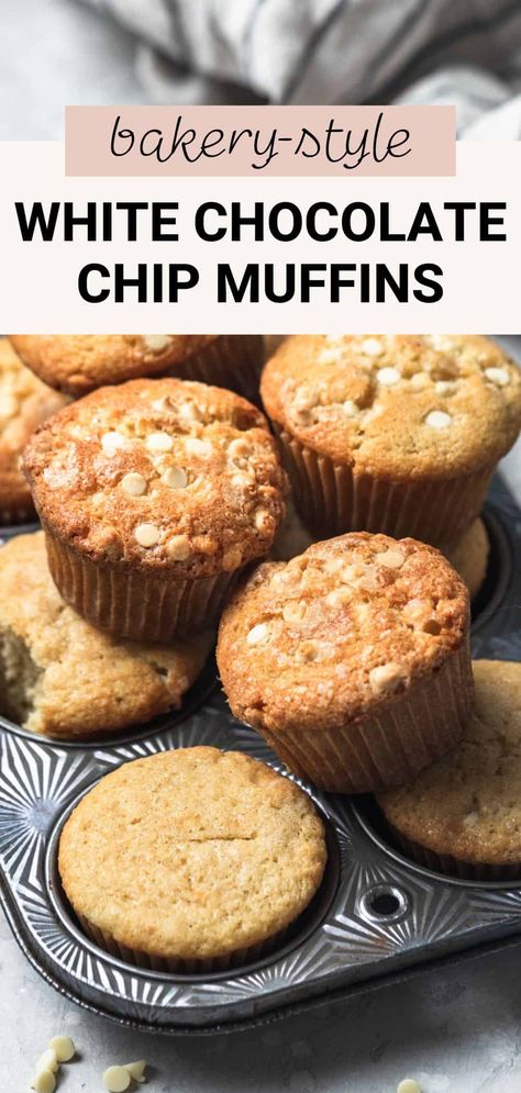 These bakery-worthy white chocolate chip muffins are soft, fluffy, and loaded with melty white chocolate chips. They're perfect served for breakfast or brunch and are the best sweet way to start the day. White Chocolate Chip Muffins Recipes, Muffins With White Chocolate Chips, White Chocolate Chip Cupcakes, Banana White Chocolate Chip Muffins, White Chocolate Muffins Recipes, White Chocolate Chip Muffins, Choc Muffins, Chocolate Chip Muffins Easy, Choc Chip Muffins