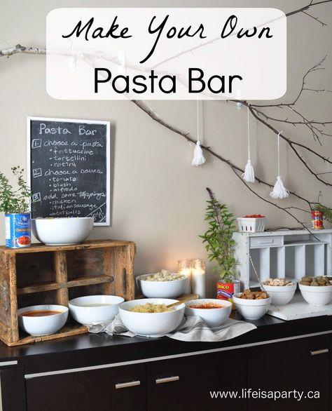 Pasta Bar Party: pasta bar ideas for different pastas, sauces, and toppings to let your guests make-their-own, perfect for a party! via @lifeisapartyca Spaghetti Bar, Pasta Bar Party, Dinner Couple, Potluck Themes, January Events, Birthday Recipes, Party Food Bars, Party Food Bar, Make Your Own Pasta