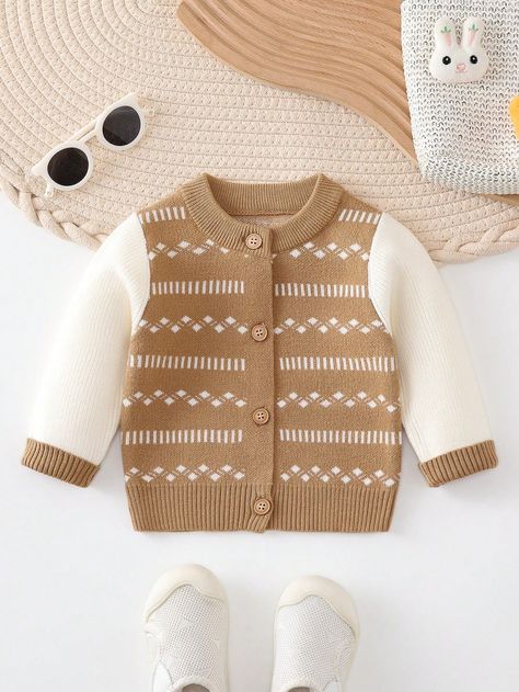 Khaki  Collar Long Sleeve Knitwear Geometric  Embellished Slight Stretch  Baby Boys Clothing Baby Boy Knitting Patterns Free, Boys Knitting Patterns Free, Boys Knit Sweaters, Crochet Sweater Design, Baby Boy Cardigan, Kids Knitting Patterns, Boys Cardigans, Baby Boy Sweater, Baby Boy Knitting Patterns