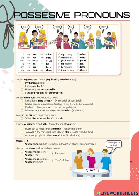 Possessive pronouns online worksheet for Elementary. You can do the exercises online or download the worksheet as pdf. Possessive Pronouns Anchor Chart, Possessive Pronouns Activities, Possessive Pronouns Worksheet, Pronoun Anchor Chart, Pronouns Worksheet, Personality Adjectives, Pronoun Activities, English Homework, Tenses English