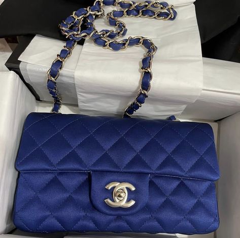 Gold Chanel Bag, Chanel Mini Rectangular, Chanel Mini, Satin Bags, Luxury Purses, Timeless Handbag, Blue Satin, Luxe Fashion, Exclusive Bag