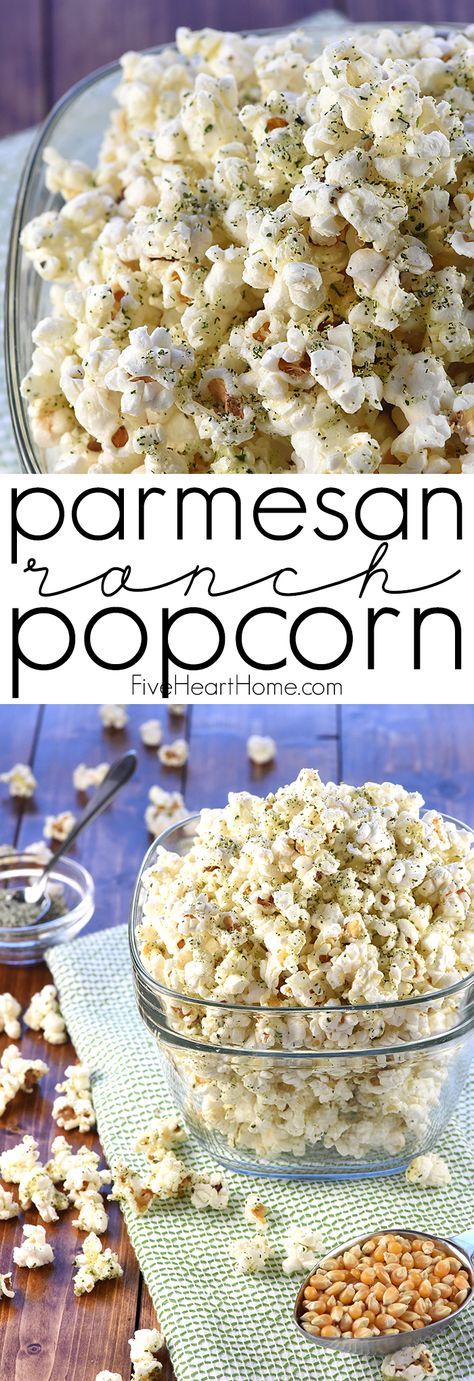 Parmesan Ranch Popcorn ~ freshly popped popcorn is drizzled in real butter and sprinkled with a savory mixture of Parmesan, dried herbs, and spices for a perfect movie night treat! | FiveHeartHome.com Movies Snacks, Cheese Quotes, Ranch Popcorn, Parmesan Ranch, Perfect Movie Night, Popcorn Treats, Homemade Popcorn, Popcorn Snacks, Popcorn Seasoning