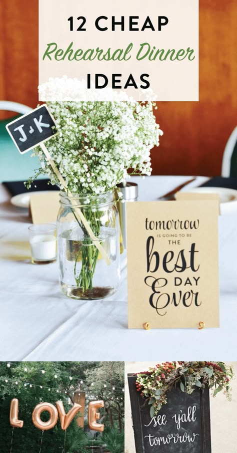 12 Cheap Rehearsal Dinner Ideas for the Modern Bride on Love the Day Rehearsal Decorations, Rehearsal Dinner Centerpieces, Rehearsal Dinner Ideas, Rehearsal Dinner Themes, Wedding Rehearsal Dinner Decorations, Rehearsal Dinner Planning, Dinner Planning, Dinner Centerpieces, Rehearsal Dinner Decorations