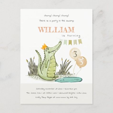 $1.50 | Cute Chomp Alligator in Swamp Any Age Birthday #cute gator swamp birthday party, alligator foliage crown celebration chic, modern elegant minimal simple balloons, crocodile rustic trendy watercolor fun, oh snap chomp snappy reptile, any age kids toddlers baby, little happy safari woodland zoo, jungle forest floral greenery pastel, botanical saga green orange yellow, bunting flag dusky muted soft Swamp Birthday Party, Alligator In Swamp, Cute Gator, Alligator Swamp, Alligator Birthday Parties, Alligator Party, Alligator Birthday, Pastel Botanical, Trendy Watercolor