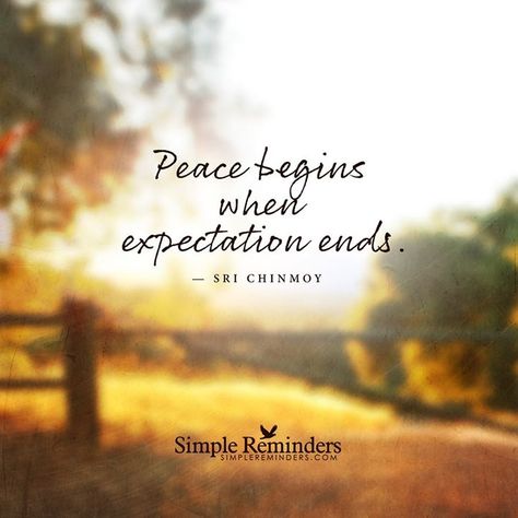 "Peace begins when expectation ends." — Sri Chinmoy Quotes Short Simple, Expectation Quotes, Eckart Tolle, Quotes Short, Simple Reminders, Peace Quotes, Super Quotes, Trendy Quotes, Bible Studies