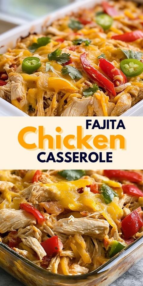 Fajita Chicken Casserole Ingredients: 1 lb boneless, skinless chicken breasts, cut into bite-sized pieces 1 large onion, sliced 1 large bell pepper, sliced (any color) 1 cup shredded cheddar cheese 1 cup shredded mozzarella cheese 1 packet fajita seasoning mix 1 cup sour cream 1/2 cup chicken broth 1 tbsp olive oil Salt and pepper to taste Fresh cilantro, chopped (optional, for garnish) #Fajita #Chicken #Casserole Keto Chicken Fajita Casserole, Chicken Bell Pepper Recipes, Fajita Chicken Casserole, Fajita Casserole, Fajita Seasoning Mix, Fajita Chicken, Chicken Fajita Casserole, Baked Chicken Fajitas, Chicken Fajita Recipe