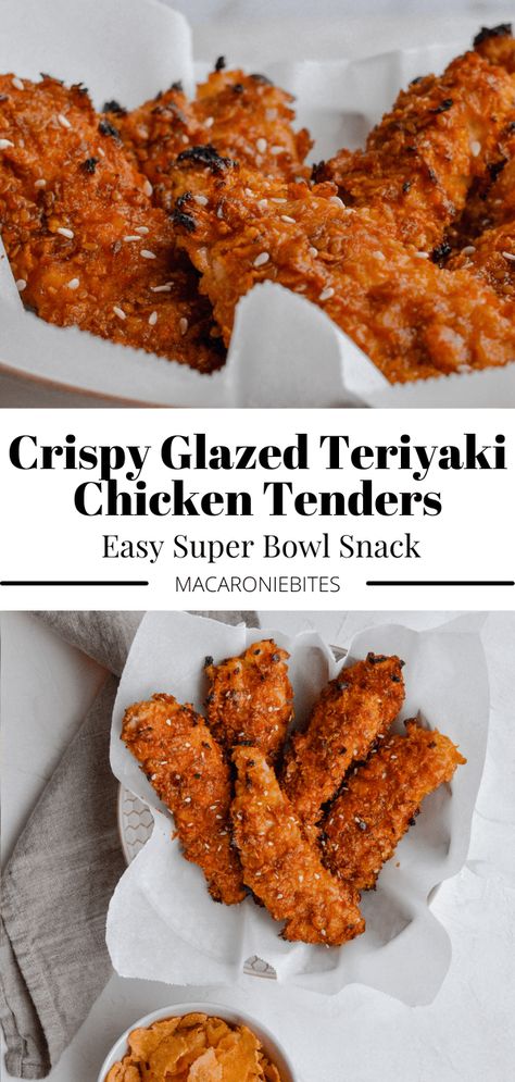 These Crispy Glazed Teriyaki Chicken tenders are the perfect Superbowl Snack! Easy to make, delicious and such a crowd pleaser. #SuperbowlSnacks #Appetizers #ChickenTenders #TeriyakiTenders #SuperbowlApps Teriyaki Chicken Tenders, Superbowl Snack, Football Sunday Food, Sunday Food, Snack Easy, Healthy Superbowl Snacks, Baked Chicken Tenders, Superbowl Snacks, Football Sunday