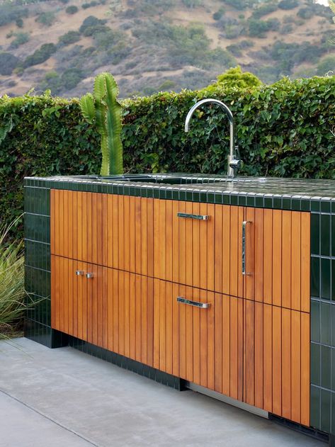 Caitlin Atkinson Tiled Outdoor Kitchen, Brownstone Boys, Heath Tile, Tiled Kitchen, Before And After Transformation, Landscape Curbing, Kitchen Bench, Gallery Wall Inspiration, Kitchen Benches