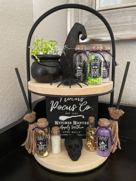 Witch Tier Tray Decor, 3 Teir Trays Decor Halloween, Two Tier Halloween Tray, Halloween Tiered Tray Ideas Diy, Halloween Tiered Tray Decor Ideas, Diy Halloween Tiered Tray Decor, Teir Tray Ideas, Halloween Laundry Room, Halloween Tiered Tray Ideas