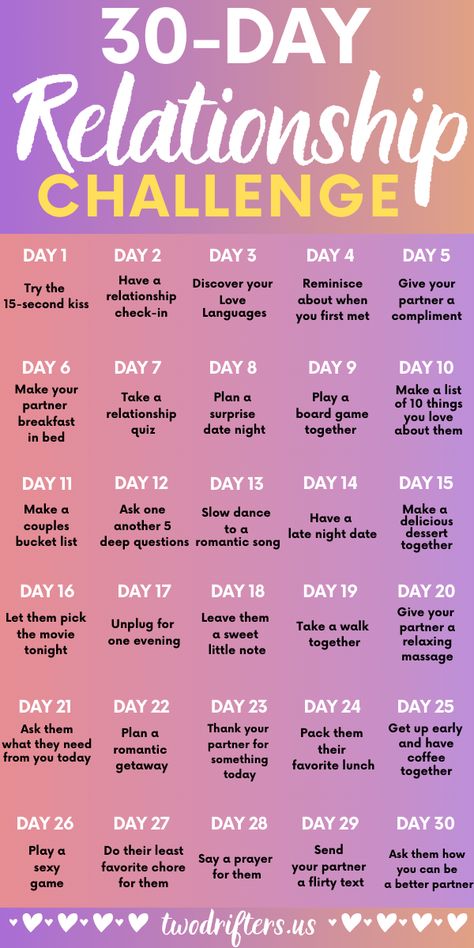 It's the perfect time to start a relationship challenge with your partner! For the next 30 days, the two of you will connect more deeply, make fun memories, and challenge each other to be better spouses/partners. Ready to take this love challenge? Save this pin to refer to for each day of the challenge, and click into the post for more details. 30 Day Relationship Challenge, Relationship Journal, Couples Challenges, Relationship Activities, Romantic Date Night Ideas, Better Relationship, Couple Activities, Relationship Lessons, Relationship Therapy