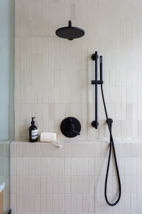 Heath Ceramics Tile, Heath Tile, Modern Master Bath, Black Shower, Bathroom Renos, Bath Fixtures, Bath Remodel, Shower Head, Bathroom Renovation