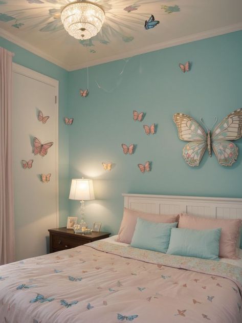 Upgrade your bedroom with enchanting butterfly-themed decor. Create a stunning accent wall with butterfly wall art and pair it with soft pastel bedding for a whimsical touch. Illuminate the space with LED string lights in the shape of butterflies for a dreamy atmosphere. Butterfly Theme Room, Pastel Bedding, Whimsical Butterfly, Butterfly Theme, Butterfly Wall Art, Butterfly Wall, Led String Lights, Soft Pastel, String Lights