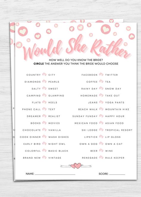 Scottish Wedding Themes, Would She Rather, Disney Bridal Showers, Bridal Shower Activities, Bridal Bingo, Bridal Shower Printables, Printable Bridal Shower Games, Wedding Shower Games, Luxury Vehicles