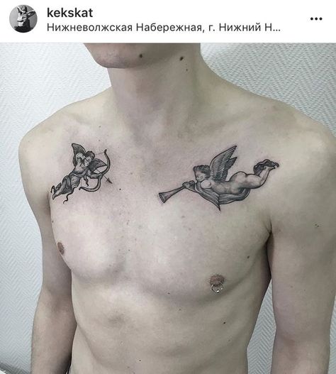 Tattoo Ideas For Guys, Mangas Tattoo, Cupid Tattoo, Tatuagem Masculina Pequena, Cherub Tattoo, Devil Tattoo, Angel Tattoo Designs, Collar Bone Tattoo, Aesthetic Tattoo