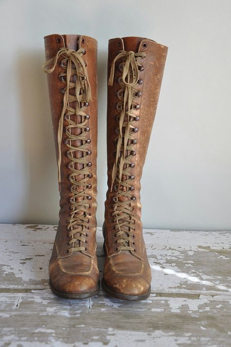 1920s leather boots / vintage antique 20s 30s by simplicityisbliss Tan Riding Boots, Leather Lace Up Boots, Vintage Boots, All About Shoes, Thigh High Boots, Vintage Shoes, High Boots, Shoe Obsession, Lace Up Boots