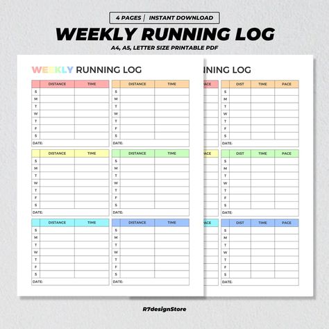 Weekly Running Log Printable, Daily Cardio Tracker, Fitness Goals, Health & Fitness Planner, Workout Log, Weight Loss Challenge A4 A5 US PDF Planner Workout, Tracker Fitness, Running Routine, Workout Log, Printable Workouts, Running For Beginners, Half Marathon Training, Running Workout, Fitness Planner