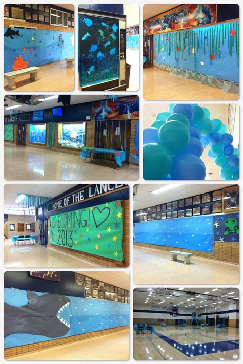 Under the Sea Homecoming decorations Under The Sea Pep Rally, Homecoming Decoration Ideas, Under The Sea Homecoming, Homecoming Decorations Hallway, Homecoming Hallways, School Dance Decorations, School Dance Themes, Rally Ideas, Hall Ways Ideas