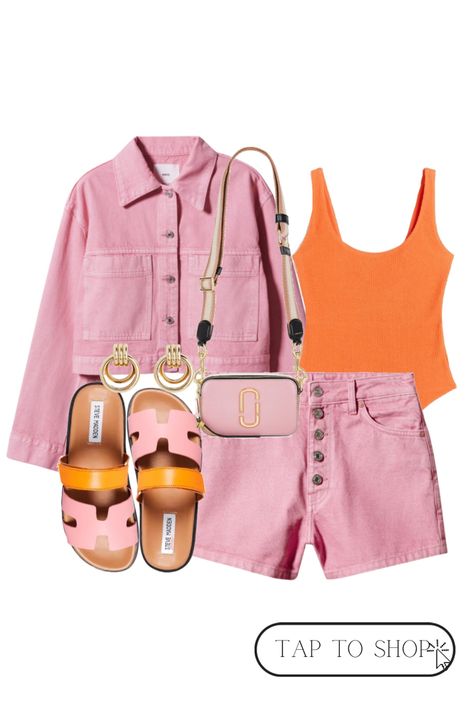 Pink outfit, pink denim jacket, button up denim shorts, textured bodysuit, pink Hermes style sandals, pink Marc jacobs snapshot bag & gold hoops. Barbie style, summer outfit, casual style #ltkshoecrush #LTKstyletip #LTKSeasonal #barbiegram #barbie #margotrobbie #fashiontrend #pinkoutfit #pinkstyle #pinkpinkpink #stevemadden #ootdfashion #wiwtoday Pink Coord Set, Pink Denim Shorts Outfit, Trendy Pink Denim Skirt, Total Pink Outfit, Pink Denim Set, Pink Bodysuit Outfit, Chic Pink Mini Shorts, Pink Denim Romper, Pink Denim Shorts With Pockets