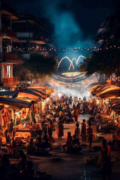 The market street comes alive with the sounds of laughter, bargaining, and the chatter of diverse languages. iamSentient_ Created in Midjourney #digitalart #digitalartwork #aiart #fantasyart #wallpaper #landscapes #midjourney #midjourneyart #stablediffusion #streets #exotic #markets #bustlingtown #visit #travel #india Fantasy Market, Mists Of Avalon, Fantasy Village, Three Witches, Festivals Around The World, Travel India, Market Stalls, Outdoor Market, Creative Idea