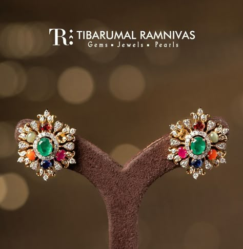 Navrattan Set, Navaratna Earrings Gold, Navratna Earrings, Navratna Pendant, Navratna Jewellery, Jadau Set, Small Earrings Gold, Wedding Jewellery Designs, Diamond Chandelier Earrings