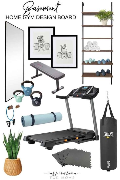 Seven Home Gym Ideas and Design Board - Inspiration For Moms Small Space Home Gym, Gym Corner, Playroom Lounge, Sport Room, Basement Home Gym, Exercise Space, Home Gym Ideas, Small Home Gym, Tiny Room