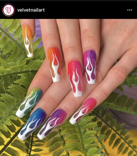 Ombre Flame Nails, Nail Designs Drip, Fire Themed Nails, Rainbow Flame Nails, Blue Flame Acrylic Nails, Colorful Flame Nails, Fire Flame Nails, Flame Nails Acrylic, Lightning Nails