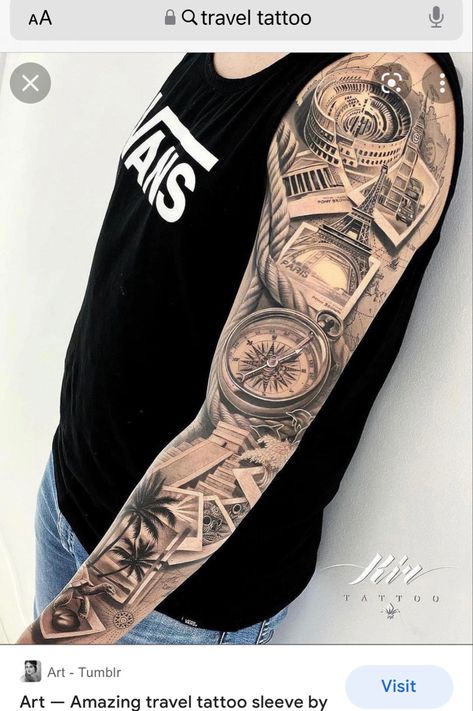 Travel Related Tattoos, Europe Tattoos, Mountain Sleeve Tattoo, Portrait Tattoo Sleeve, Overlapping Design, Mangas Tattoo, Related Tattoos, Globe Tattoos, Tattoo Tiger