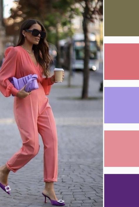 Purple Pants Outfit, Dramatic Clothes, Color Analysis Summer, Coral Outfit, Womens Skirt Outfits, Colour Combinations Fashion, Color Combos Outfit, Spring Color Palette, Color Blocking Outfits