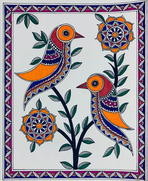 Madhubani Painting Bird, Madhubani Painting Flowers, Madhu Bani Paintings, Madhubani Painting Easy For Beginners, Madhubani Drawing Easy, Kalamkari Painting Easy, Jharokha Designs, Madhubani Painting Easy, Madhubani Art Easy