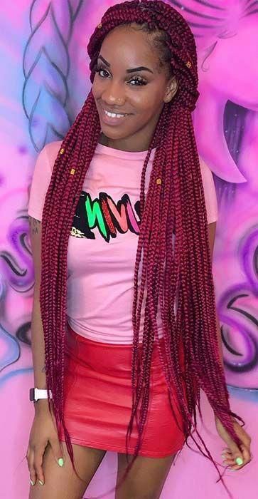 Long Box Braids Hairstyles, Red Braids, Red Box Braids, Box Braids Pictures, Large Box Braids, Box Braid Hair, Cute Box Braids, Big Box Braids, Blonde Box Braids