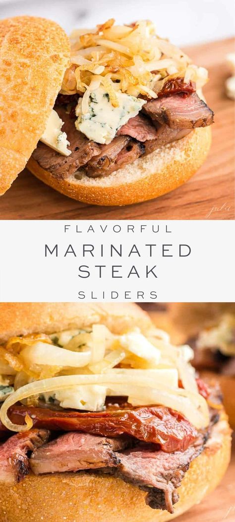 Steak Sandwich Recipe, Steak Sliders, Grilled Burger Recipes, Steak Sandwich Recipes, Steak Sandwiches, Julie Blanner, Tender Steak, Easy Steak, Marinated Steak