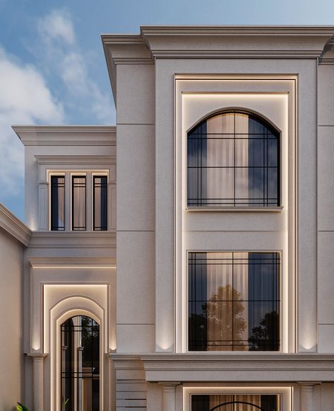 Villa MR Khaled Ghalb - Villa Design on Behance Small Facade Design, Modern Neo Classical Architecture, Modern Classic Villa Exterior, Modern Villa Design Exterior, New Classic Villa Exterior Design, Modern Classic Building, Modern Classic House Exterior, Neoclassic Exterior, Hotel Exterior Design