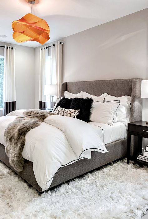 cozy neutral grey bedroom with orange light - Philadelphia Magazine’s Design Home 2016 Design Ložnic, Interior Boho, Decor Ikea, Grey Bedroom, Remodel Bedroom, Beautiful Bedrooms, Dream Bedroom, Design Case, Bedroom Sets