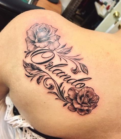 Name And Rose Tattoo, Name With Roses Tattoo, Roses With Names Tattoos, Rose Name Tattoos For Women, Rose Tattoos With Names, Name With Rose Tattoo, Names Tattoo Ideas For Women, Bae Tattoo, Name Tattoos For Women