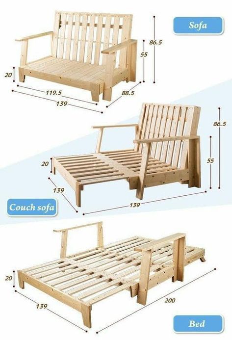 Bench That Can Convert Into Bed with... - DIY Pallets Ideas Wood Working Projects, Furniture Design Wooden, Diy Furniture Easy, Diy Sofa, Wood Furniture Diy, Diy Home Furniture, Diy Wood Projects Furniture, Space Saving Furniture, Printable Diy