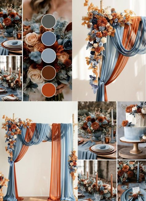 Dusty Blue Terracotta Wedding, Terracotta And Blue Wedding, Terracotta And Dusty Blue Wedding, Dusty Blue And Rust Wedding, Dusty Blue And Terracotta Wedding, Orange And Blue Wedding Colors, Rusting Wedding, Wedding Colors Blue, Dusty Blue Weddings