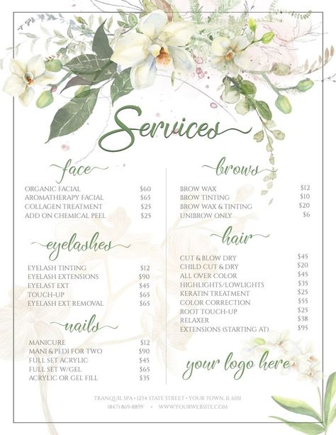 Free Spa Menu Template Spa Menu Template, A effectively designed menu is integral to a restaurant's success. It might not be the first impression that potential clients have... #simplespamenutemplate #spamenucardtemplatedesign #spamenucardvectortemplate #spamenuexamples #spamenusample #spamenutemplate #spamenutemplatefree #spamenutemplatefreedownload #spamenutemplatephotoshop #spapartymenu Salon Services Menu Ideas, Hair Salon Price List, Full Set Acrylic, Price List Design, Salon Price List, Menue Design, Spa Menu, Custom Menu, Eyelash Tinting