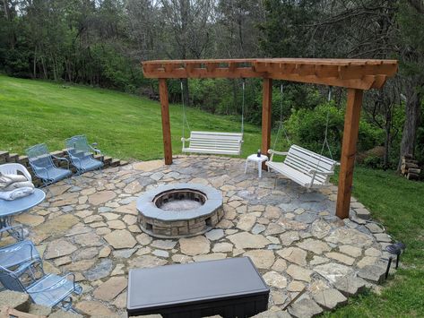 Patio Layouts With Fire Pit, Fire Pit With Arbor, 3 Swings Around Fire Pit, Pergola With Fire Pit Ideas, Shed And Fire Pit Area, Campfire Pit Ideas, Fire Pit Outside, Fire Pit And Grill Area Patio Design, Fire Pit Area With Swings