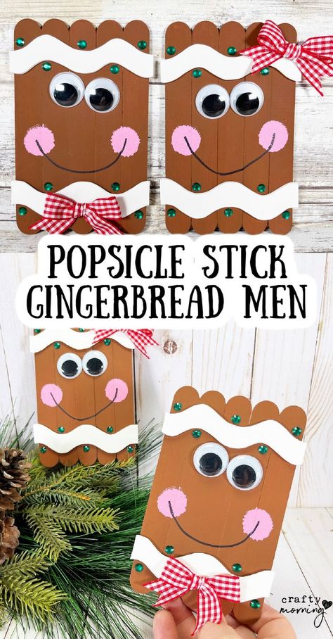 Popsicle Stick Gingerbread Men Craft- easy christmas craft for kids! Fun diy art project for kids. Popsicle stick jumbo sticks from dollar tree. Easy cheap craft. xmas craft Easy Gingerbread Men, Gingerbread Kids Crafts, Craft Stick Projects, Cheap Christmas Crafts, Gingerbread Man Crafts, Popsicle Stick Christmas Crafts, Popsicle Stick Crafts For Kids, Prek Crafts, Easy Christmas Craft