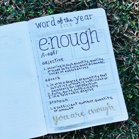 New Year Bujo Ideas, Year Page Bujo, Bujo Fun Pages, Bujo Word Of The Year Layout, Word Of The Year Journal Page, Bujo Word Of The Year, Word Of The Year Ideas 2024, Yearly Bullet Journal Ideas, Word Of The Year 2024