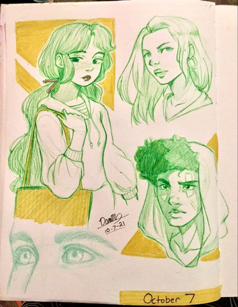 Pen sketches with highlighter accents and characters from Pinterest Mildliner Drawings, Highlighter Sketchbook, Mildliner Art, Highlighter Sketch, Highlighter Drawings, Green Sketchbook, Highlighter Art, Bic Ballpoint Pen, Aesthetic Sketchbook