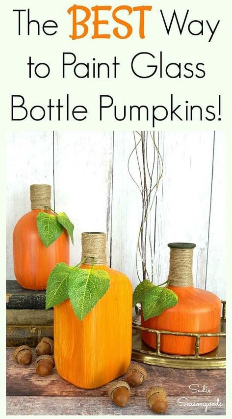 Learn how to paint your empty wine and liquor bottles to look JUST LIKE autumn pumpkins and gourds with this fun repurposing DIY tutorial from Sadie Seasongoods! Such a great way to upcycle your bottles into fall decor you can use year after year- and anyone can do it! Get all the craft details at www.sadieseasongoods.com #pumpkin #DIYpumpkin #bottlepumpkin #autumndecor #Falldecor #FallDIY #upcycledpumpkin Paint Glass Bottles, How To Paint Glass, Fall Wine Bottles, Glass Liquor Bottles, Pumpkins And Gourds, Autumn Diy, Painting Glass Jars, Liquor Bottle Crafts, Painted Glass Bottles