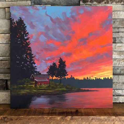 Painting With Acrylics Ideas, Canvas Panel Painting Ideas, Cabin Paintings On Canvas, Cool Paintings On Canvas, Cabin In Woods Painting, Painting Landscape Acrylic, Painting Landscape Ideas, Painting Inspiration Aesthetic, Landscape Paintings Sunset