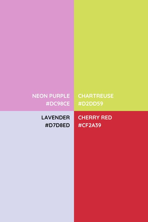 I'm in love with this color combo! The bright pop of cherry red makes the neon purple, and chartreuse look like neutrals in contrast. This color palette would make the perfect start to a branding project for a handful of brands in the mystic and beauty spaces. If this color scheme is speaking to you, inquire using the link attached. Color Palette With Chartreuse, Neon Colour Palette, Bright Pop, Red Colour Palette, The Mystic, Neon Purple, Neon Color, Color Combo, Brand Designer