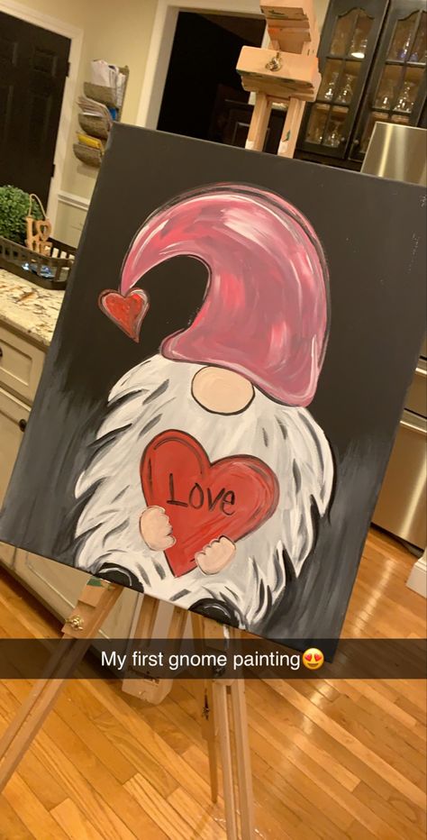 Valentines Day Painting, Gnome Painting, Gnome Paint, Diy Valentine's Day Decorations, Day Painting, Valentine Gnome, Diy Valentines Decorations, Simple Canvas Paintings, Canvas Painting Tutorials