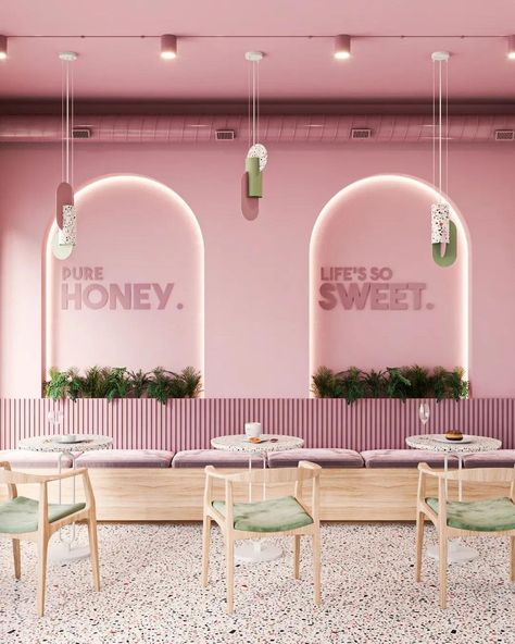 Coffee shop design by @studiothusa Share your thoughts and feelings with us😍🌈 Don't forget to follow us @archboom__ for more ! Life… | Instagram Pink Coffee Shop Design, Cute Restaurant Decor, Pastel Color Coffee Shop, Pink Cafe Design Ideas, Pink Cafe Interior Design, Dessert Restaurant Design, Pink Restaurant Interior Design, Pastel Bakery Interior, Pink Bakery Interior