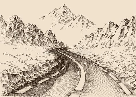 Empty road passing through alpine landscape. Hand drawing. Travel background royalty free illustration Mountain Landscape Drawing, Road Drawing, Drawing Travel, Mountain Sketch, Alpine Landscape, Travel Background, Empty Road, Drawing Scenery, Mountain Drawing