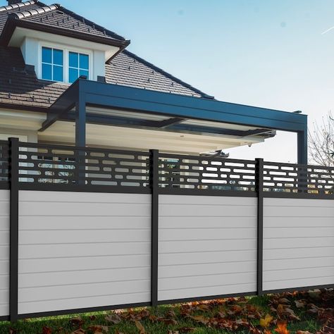 Privacy Patio Fence, Wood And Metal Privacy Fence, Modern Privacy Wall On Deck, Fence Extensions For Privacy, Front House Fence Ideas, Fence Toppers For Privacy, Modern Metal Fence, Aluminum Privacy Fence, Cheapest Fence Ideas