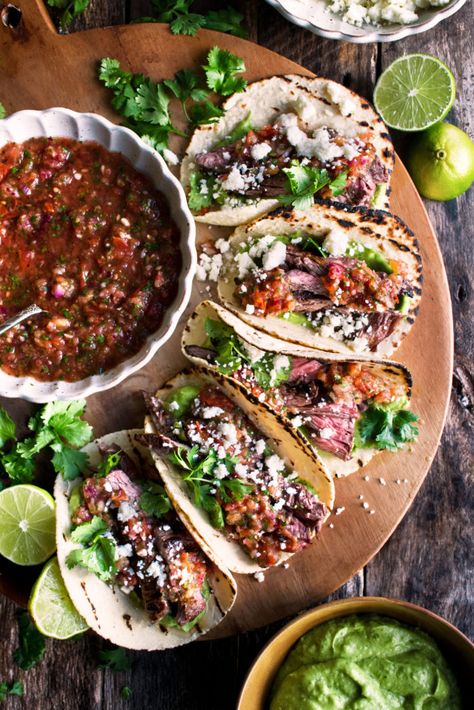 Nytimes Cooking, Skirt Steak Tacos, Salsa Avocado, Spicy Grilled Shrimp, The Original Dish, Grilled Skirt Steak, Dinner Planning, Hanger Steak, Avocado Crema